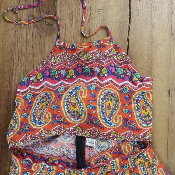 ARDEN FURTADO ORANGE FLORAL HALTER HIGH NECK ROMPER SIZE MEDIUM - Picture 5 of 9